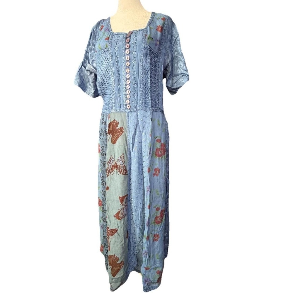 Vintage Marisol Patchwork Rayon Dress L Blue Boho Cottagecore Embroidered Midi